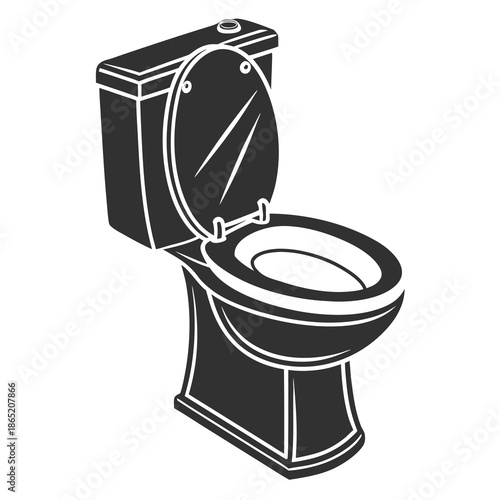 A stark black and white illustration depicts a modern toilet design in a simple silhouette