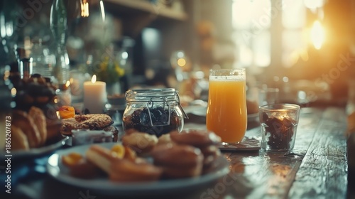 Delicious breakfast featuring assorted pastries and fresh orange juice