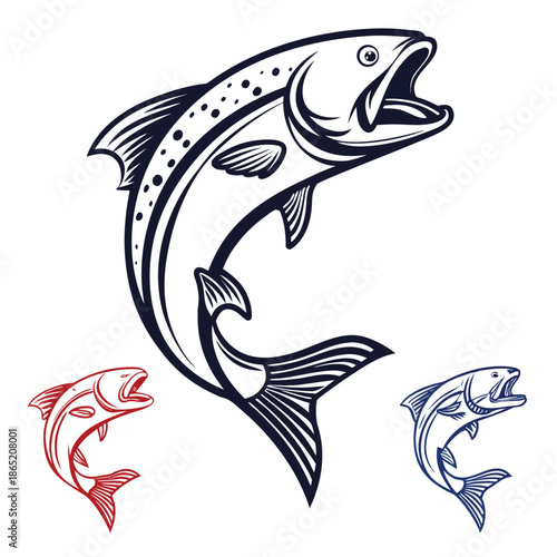 Detailed illustration of a leaping trout fish with variations in color and design a striking silhouette
