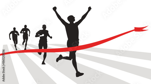 Celebrating victory runners crossing a finish line with a red ribbon a powerful depiction in silhouette