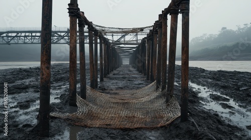 Dilapidated wooden and metal structure with netting on muddy ground under overcast sky