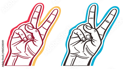 Two hands making the peace sign outlined in bright colors a bold graphic design silhouette