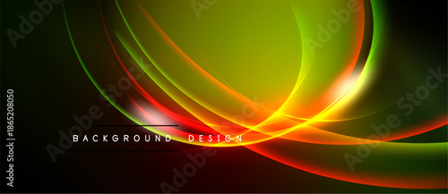 Abstract vibrant lines create dynamic flow. Green, orange, red hues blend into dark background. Modern design element.