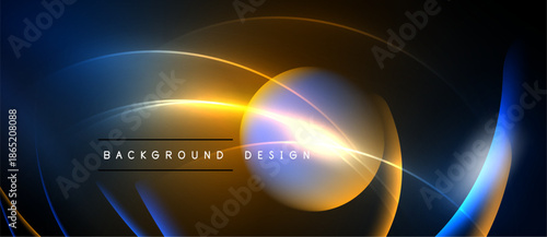 Abstract neon lines create dynamic circular shapes. Bright orange, blue hues dominate dark background. Text reads background design.