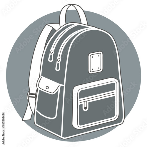 A detailed illustration of a gray backpack with multiple compartments and straps presented as a silhouette