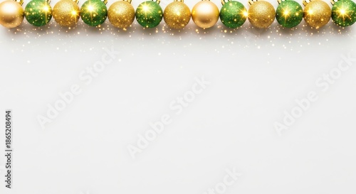 Row of Christmas ornaments with a green and gold background