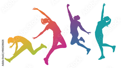 Colorful figures joyfully leaping and dancing in dynamic poses a vibrant and energetic silhouette high quality