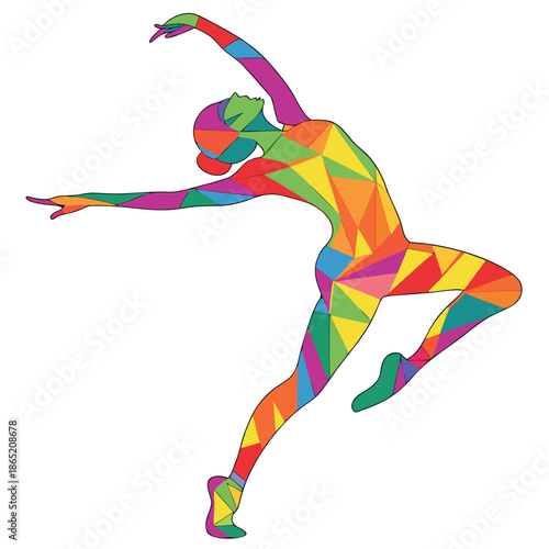 A vibrant and colorful geometric representation of a dancer in a dynamic pose a striking silhouette