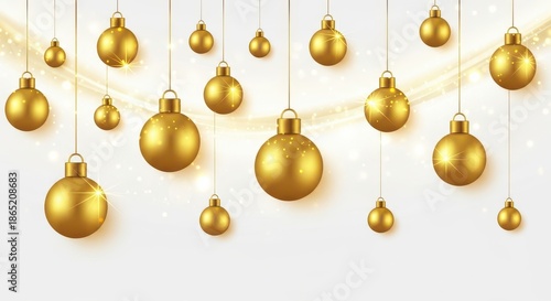 Bunch of gold colored Christmas ornaments hanging from a string