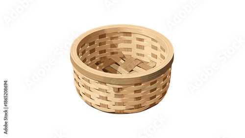Simple, light-colored round woven basket, empty and showcasing a clean, natural texture, perfect for rustic or minimalist designs.