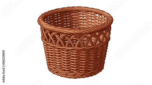Intricately woven brown wicker basket, empty and ready for use, showcasing detailed craftsmanship and natural texture.