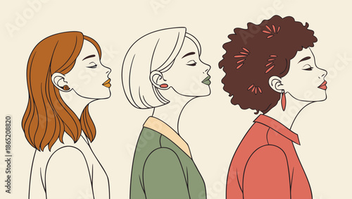 Three diverse women displayed in profile view showcasing unique hairstyles and subtle facial features silhouette