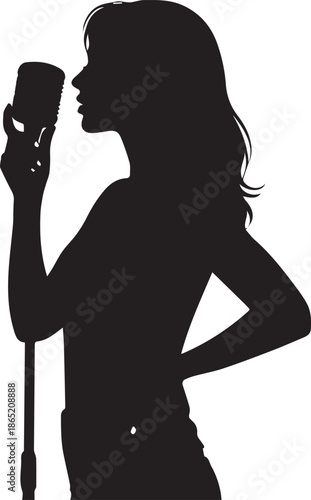 Silhouette of a woman singing into a vintage microphone on stage