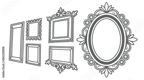 An assortment of decorative vintage frames in black and white showcasing different shapes and designs silhouette