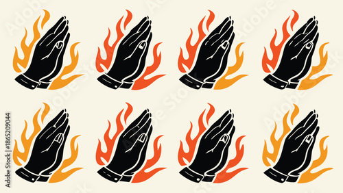 Repeating pattern of praying hands engulfed in fiery flames a bold and striking visual representation silhouette
