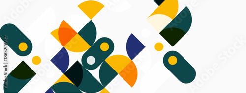 Abstract geometric shapes overlap, creating dynamic composition. Colors include orange, navy, teal, yellow, white space dominates design.