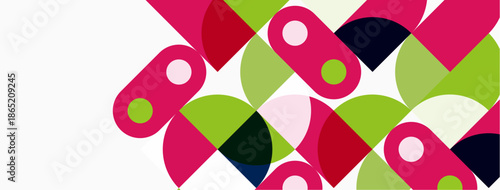 Abstract geometric pattern. Overlapping circles create playful, colorful design. Pink, green, navy hues dominate composition. Modern aesthetic.
