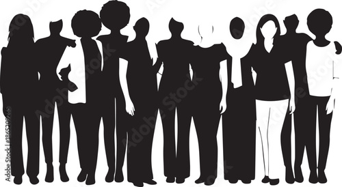 Diverse group of people standing together in silhouette against a white background