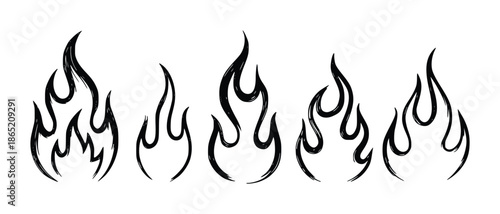 Black abstract flame shapes with brush stroke texture white fire