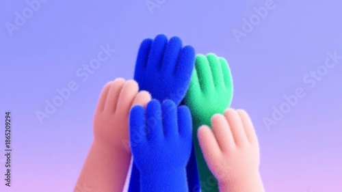 Colorful 3D Hands Stacked Together Symbolizing Teamwork and Unity on Purple Background Video Animation
