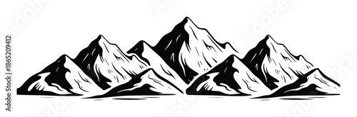 Black and white stylized mountain range with sharp peaks and deep shadows summit rock