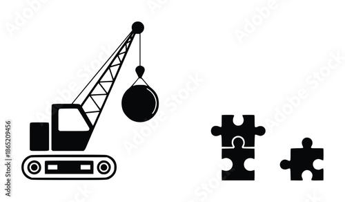 Black crane with wrecking ball and puzzle pieces white demolition construction