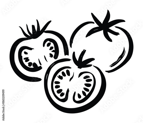 Black ink brush stroke of tomatoes whole and halved fruit food