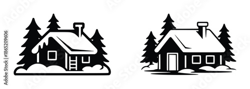 Black silhouette of a snow covered cabin with pine trees and chimney house winter