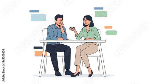 Business meeting between man and woman at office table, discussion and communication