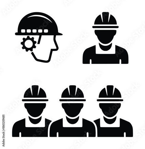 Black silhouette of construction workers wearing hard hats and overalls with a gear symbol