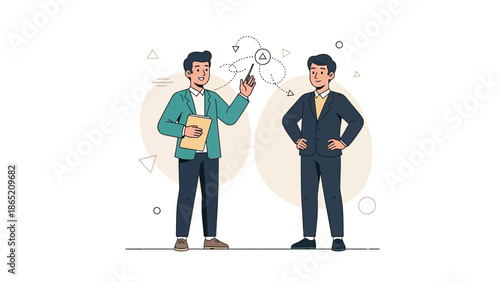 Business meeting: businessman explaining strategy to colleague with flowchart