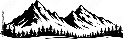 Black silhouette of jagged mountain peaks above a dense forest of pine trees mountains