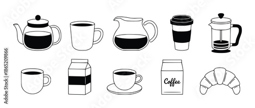 Collection of black and white line for coffee and breakfast teapot pitcher