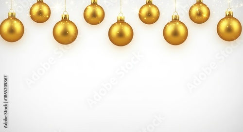Row of gold colored Christmas ornaments hanging from a white background