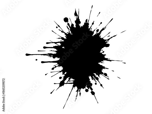 Abstract black ink splatter on a pure white background, irregular organic shape with rough jagged edges, paint drips and splashes radiating outward, high contrast, grunge texture, minimalist.