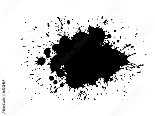 Abstract black ink splatter on a pure white background, irregular organic shape with rough jagged edges, paint drips and splashes radiating outward, high contrast, grunge texture, minimalist.