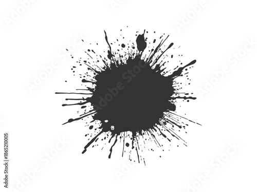 Abstract black ink splatter on a pure white background, irregular organic shape with rough jagged edges, paint drips and splashes radiating outward, high contrast, grunge texture, minimalist.