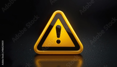 A glossy yellow triangular warning icon with a black exclamation mark, rendered in 3D style on a dark reflective surface, symbolizing alert, caution, risk, and safety notice