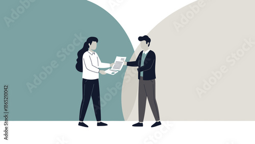 Business partners exchanging documents, modern flat illustration