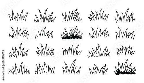 Collection of hand drawn black grass tufts white clump nature