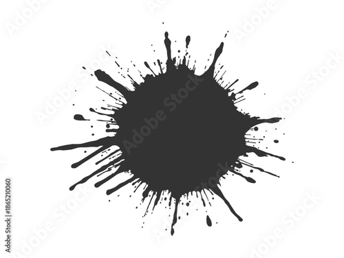 Abstract black ink splatter on a pure white background, irregular organic shape with rough jagged edges, paint drips and splashes radiating outward, high contrast, grunge texture, minimalist.
