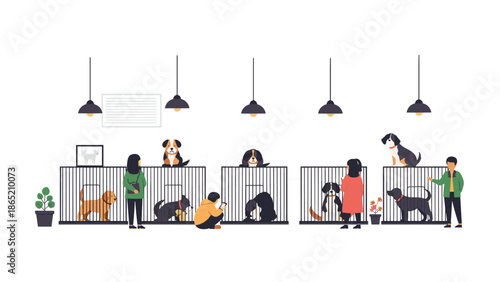 Lively scene of people engaging with dogs in cages at a modern animal shelter, illustrating the process of pet adoption and care.