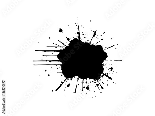 Abstract black ink splatter on a pure white background, irregular organic shape with rough jagged edges, paint drips and splashes radiating outward, high contrast, grunge texture, minimalist.