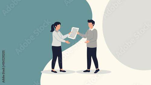 Business partners exchanging documents, teamwork, collaboration, flat design illustration