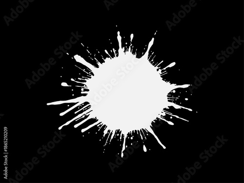 Abstract black ink splatter on a pure white background, irregular organic shape with rough jagged edges, paint drips and splashes radiating outward, high contrast, grunge texture, minimalist.