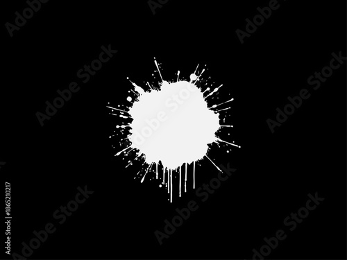 Abstract black ink splatter on a pure white background, irregular organic shape with rough jagged edges, paint drips and splashes radiating outward, high contrast, grunge texture, minimalist.