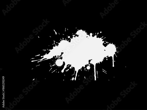 Abstract black ink splatter on a pure white background, irregular organic shape with rough jagged edges, paint drips and splashes radiating outward, high contrast, grunge texture, minimalist.
