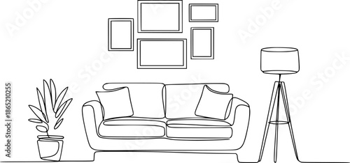 Minimalist living room scene with sofa framed and floor lamp interior couch