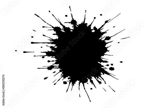 Abstract black ink splatter on a pure white background, irregular organic shape with rough jagged edges, paint drips and splashes radiating outward, high contrast, grunge texture, minimalist.