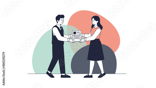 Business partners exchanging documents, teamwork, collaboration, modern flat illustration.